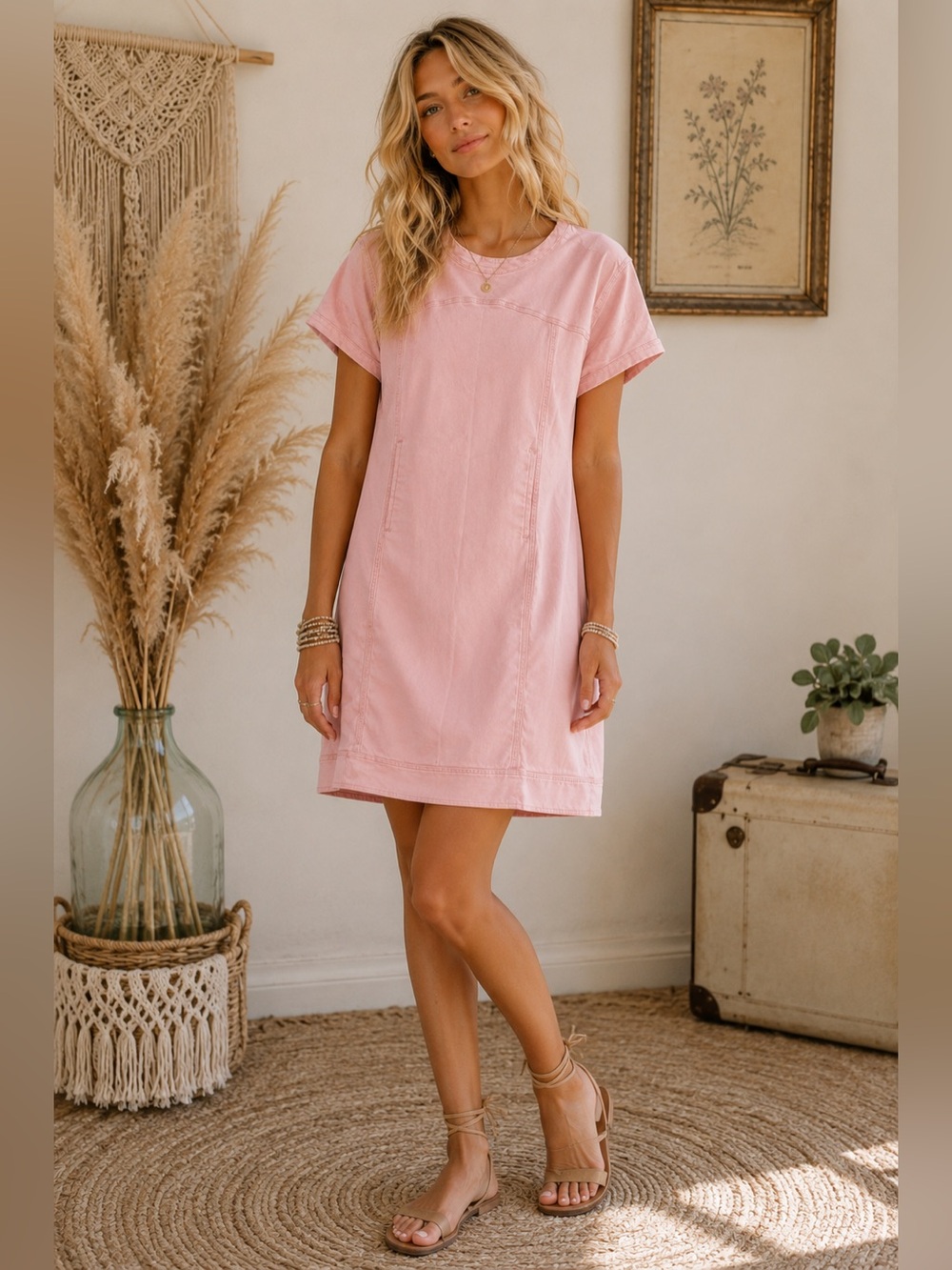 Easel Short Sleeve Pink Denim Shift Dress Boho Aesthetic